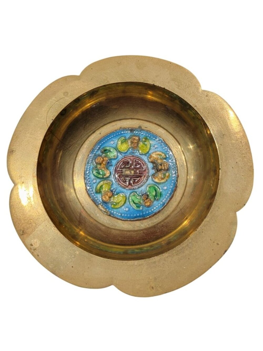 Vintage Brass Cloisonné Blessings Bowl Enamel Inlay Scalloped Edges 4 Inch Diam